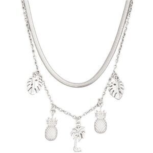 Tropical Paradise Layered Charm Silver Necklace - Island-Inspired Jewelry